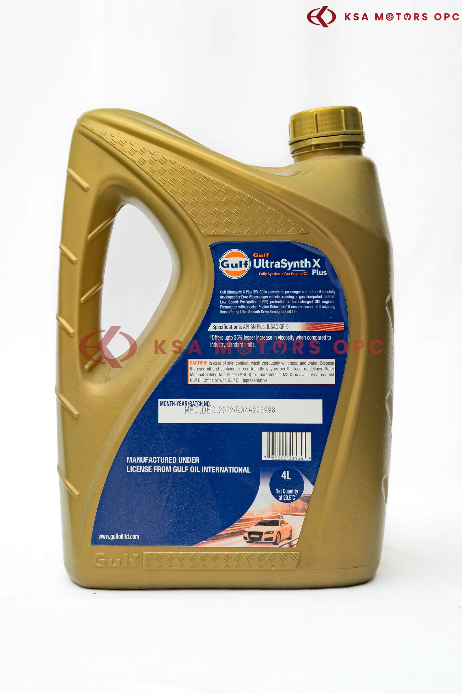 Gulf UltraSynth X Plus Fully Synthetic Car Engine Oil 5W-30-4L back view