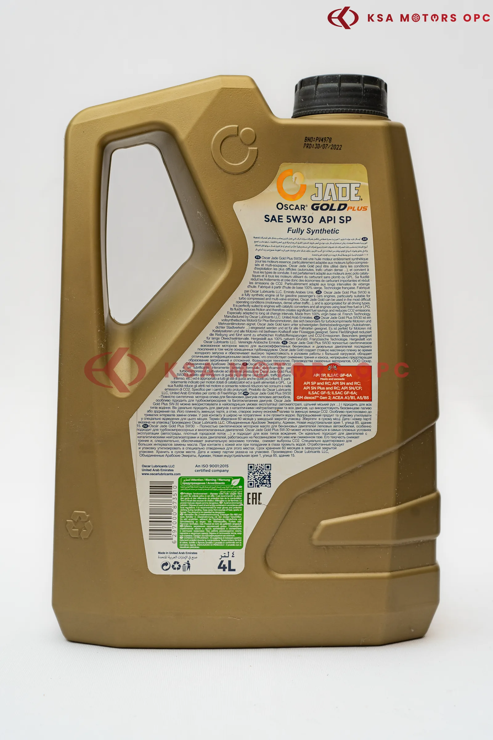 Oscar Jade Gold SP 5W-30 – 4L back view